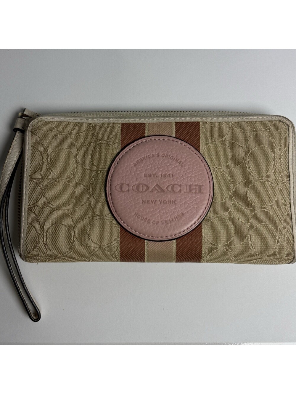 Coach Zip Around Wallet Signature Canvas Pink Striped Patch Wristlet Y2K Style